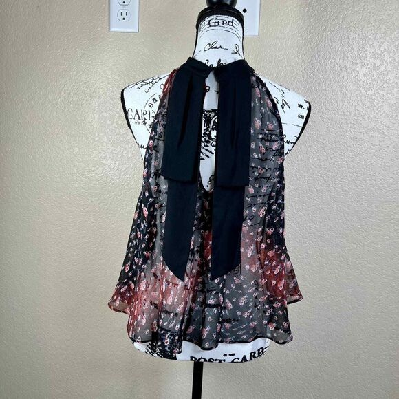 BCBGeneration Black top Pink Sheer Floral Garland Neck Tunic Tank Blouse size S - Picture 11 of 14